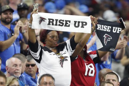 Sep 24, 2017; Detroit, MI, USA; Atlanta Falcons fans hold up rise up towels before the game against the Detroit Lions at Ford Field. Mandatory Credit: Raj Mehta-USA TODAY Sports