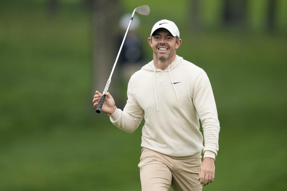 Rory McIlroy, of Northern Ireland, walks to the green on the 12th hole during a practice round for the PGA Championship golf tournament at the Valhalla Golf Club, Wednesday, May 15, 2024, in Louisville, Ky. (AP Photo/Sue Ogrocki)