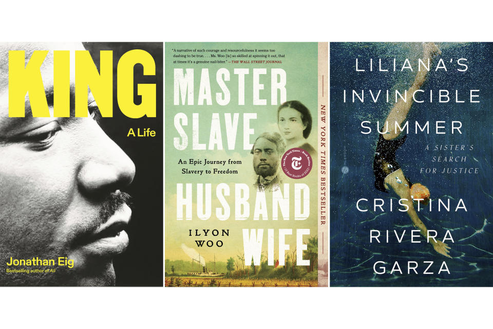 This combination of images shows cover art for "King: A Life" by Jonathan Eig, winner of the Pulitzer Prize for biography, left, "Master Slave Husband Wife: An Epic Journey from Slavery to Freedom by Ilyon Woo, also winner of the Pulitzer Prize for biography, center, and"Liliana's Invincible Summer: A Sister's Search for Justice" by Cristina Rivera Garza, winner of the Pulitzer Prize for memoir or autobiography. (FSG/S&S/Hogarth via AP)