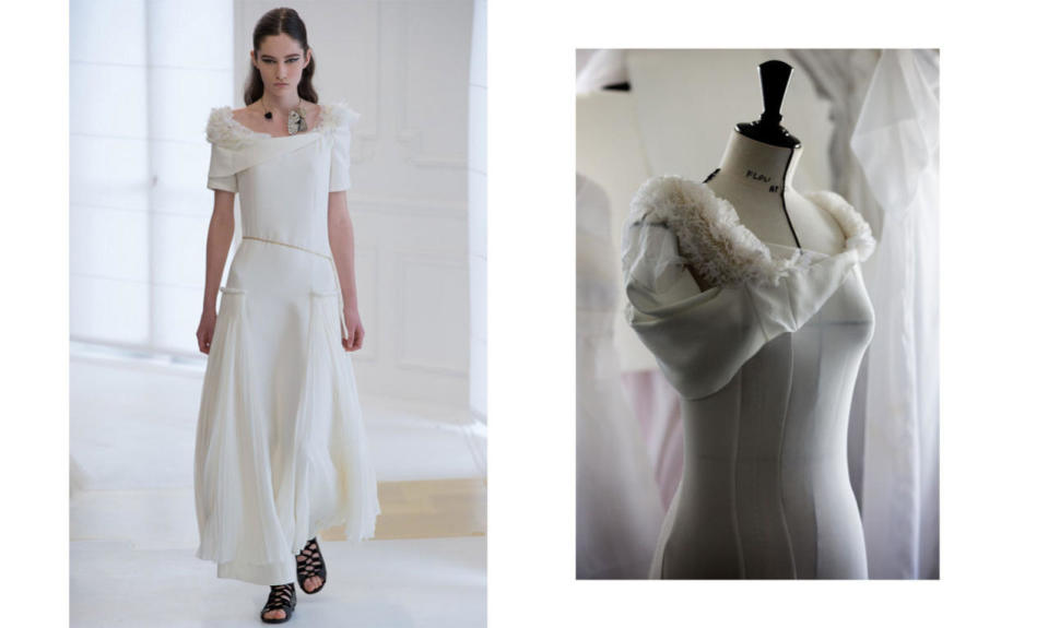 <p>At first glance, this is a beautiful white dress, but seeing it on a mannequin at the atelier, you notice the heavy pleated ruffle peeping out and draped and sewn to perfection, making this dress anything but simple. (<i>Photos: Getty Images; Courtesy of Dior)</i></p>