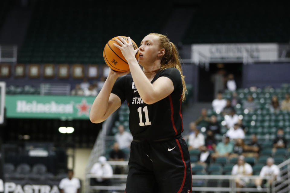 Stanford forward Ashten Prechtel (11) attempts a shot over Hawaii during the third quarter of an NCAA college basketball game, Sunday, Nov. 27, 2022, in Honolulu. (AP Photo/Marco Garcia)