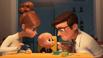 Cartoon parents feeding their baby and then looking at the camera