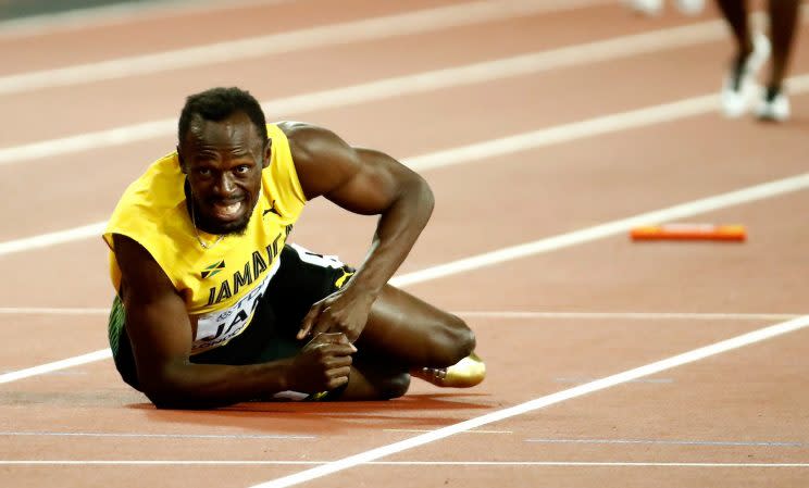 Usain Bolt’s final race took an unfortunate turn on Saturday. (Getty)