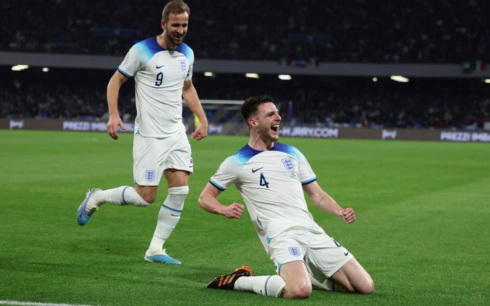 Declan Rice celebrates his goal against Italy - England already with one foot in Euro 2024 after gutsy first win in Italy for 62 years - AP/Alessandro Garofalo