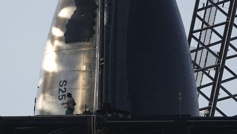 SpaceX’s mega rocket Starship is prepared for its upcoming launch from Starbase in Boca Chica, Texas, on Thursday, Nov. 16, 2023. The launch is set for Saturday.