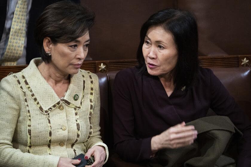 UNITED STATES - JANUARY 4: Reps. Young Kim, R-Calif., left, and Michelle Steel, R-Calif., are seen on the House floor before a vote in which House Republican Leader Kevin McCarthy, R-Calif., did not receive enough votes to become Speaker of the House on Wednesday, January 4, 2023. (Tom Williams/CQ-Roll Call, Inc via Getty Images)