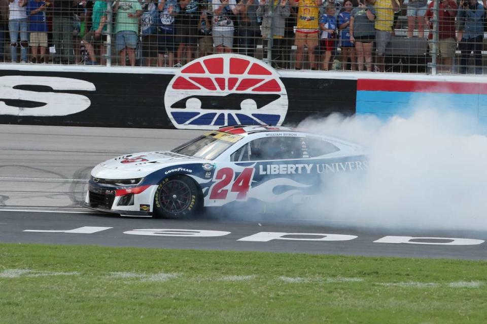 Sep 24, 2023; Fort Worth, Texas, USA; NASCAR Cup Series driver William Byron (24) after winning the AutoTrader EcoPark Automotive 400 at Texas Motor Speedway. Mandatory Credit: Michael C. Johnson-USA TODAY Sports