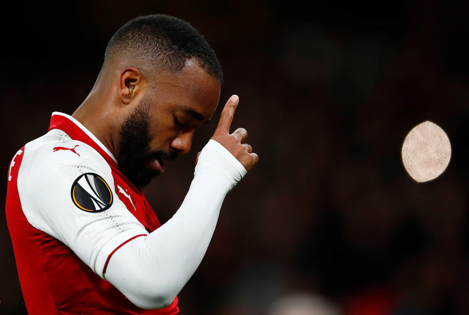 <p>Soccer Football – Europa League Semi Final First Leg – Arsenal vs Atletico Madrid – Emirates Stadium, London, Britain – April 26, 2018 Arsenal’s Alexandre Lacazette celebrates scoring their first goal REUTERS/Eddie Keogh </p>