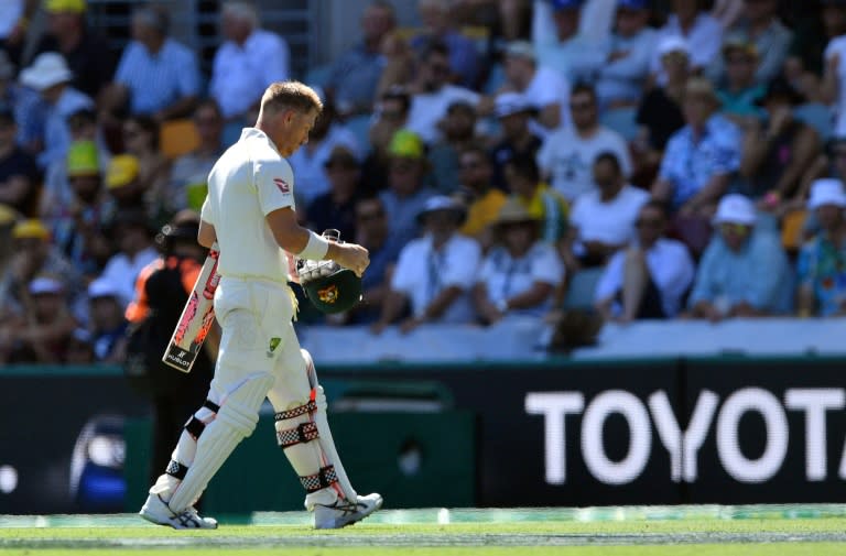 Australia's David Warner walks off after being dismissed on the second day of their first Ashes Test match, in Brisbane, on November 24, 2017