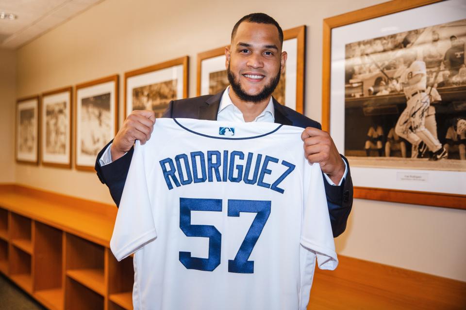 Eduardo Rodriguez’s contract signing and introductory press conference at Comerica Park in Detroit, Michigan on November 22, 2021.