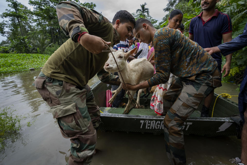 Indian army personnel rescue flood affected villagers and animals on a boat in Jalimura village, west of Gauhati, India, Saturday, June 18, 2022. More than a dozen people have died as massive floods ravaged northeastern India and Bangladesh, leaving millions of homes underwater and severing transport links, authorities said Saturday. (AP Photo/Anupam Nath)