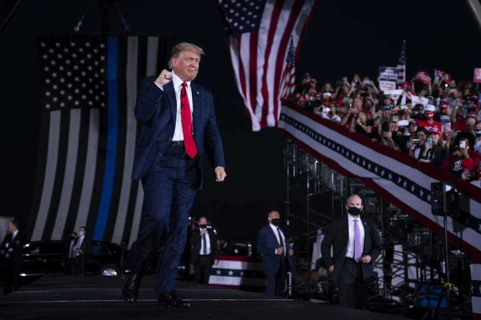 President Donald Trump arrives to speak to a campaign rally at Middle Georgia Regional Airport on Oct. 16, 2020, in Macon, Ga. (Evan Vucci/AP)                                                                                                                                                                                                                                                                                                                                             