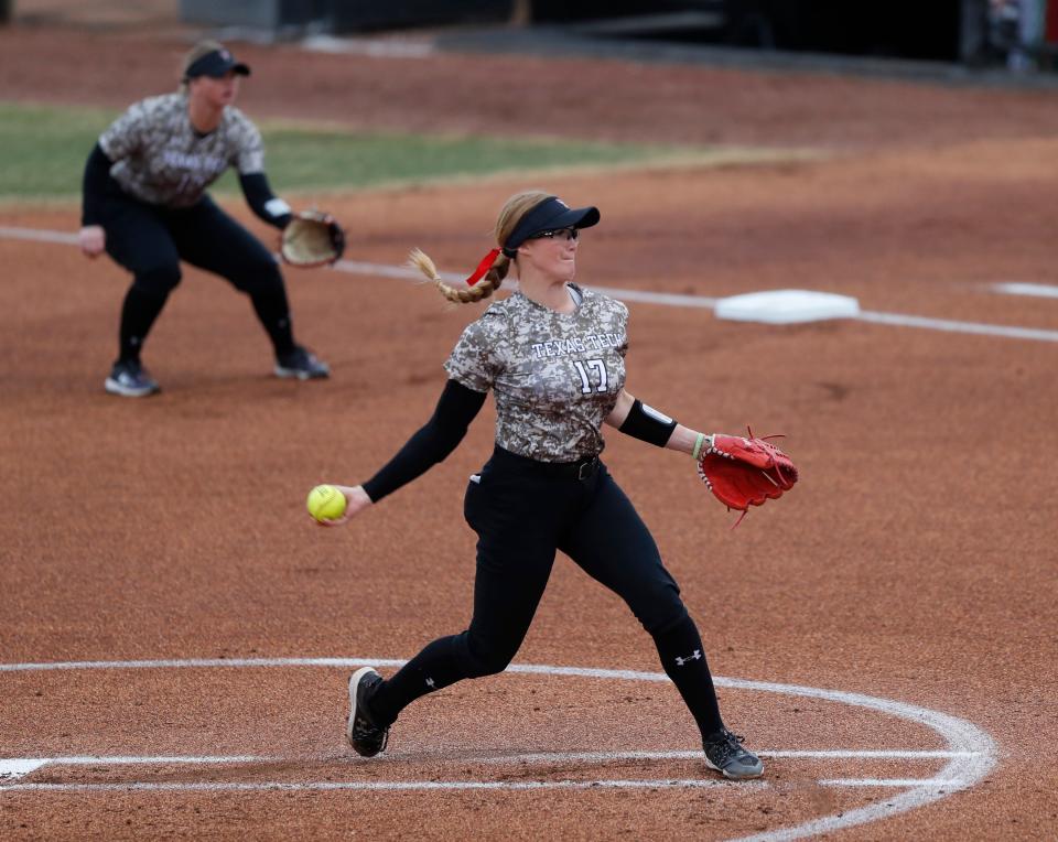 Texas Tech’s Sage Hoover (17) pitches in the first inning of a nonconference game against North Dakota on Thursday, March 2, 2023 during the Jeannine McHaney Memorial Classic held at Rocky Johnson Field in Lubbock, Texas.