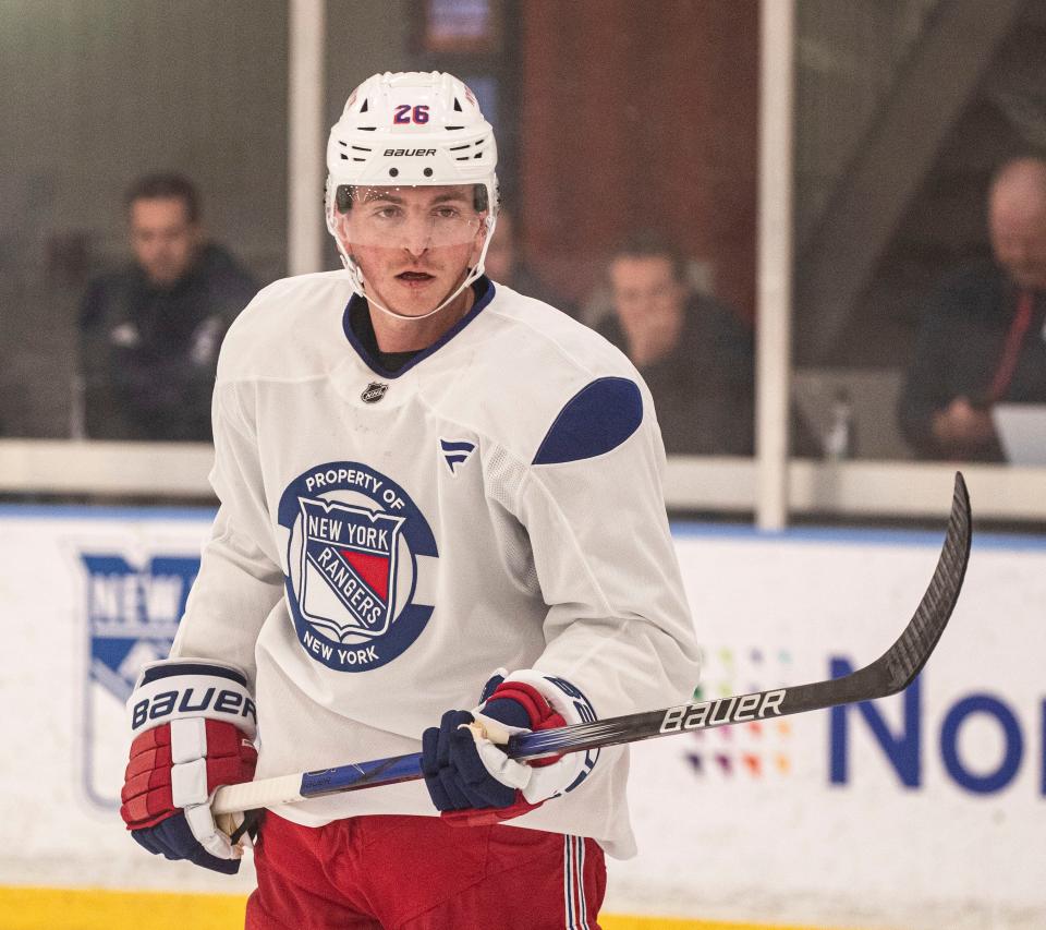 Jimmy Vesey skates during the first day of the New York Rangers training camp at their practice facility in Greenburgh, N.Y. Sept. 19, 2024.