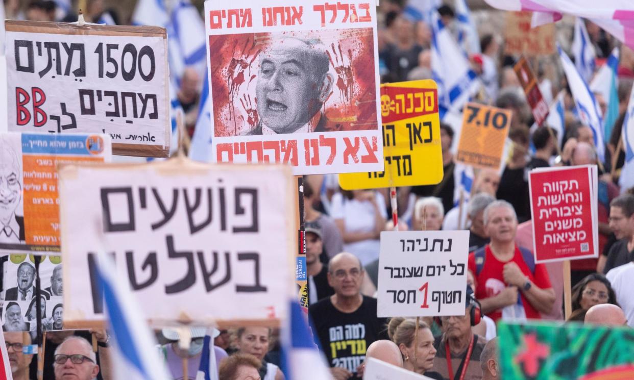 <span>Crowds protesting against Benjamin Netanyahu’s government in Tel Aviv, Israel, last month. <br></span><span>Photograph: Amir Levy/Getty Images</span>