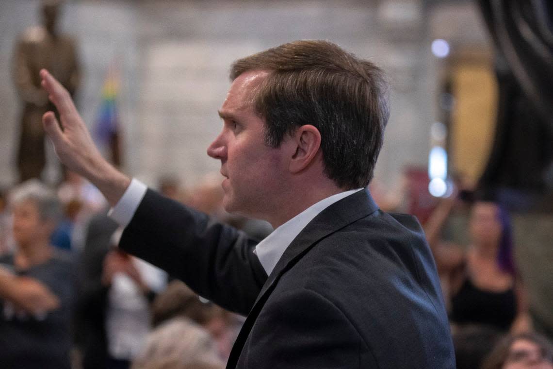 Kentucky Gov. Andy Beshear greets attendees at the Fairness Rally at the Kentucky state Capitol in Frankfort, Ky., on Wednesday, Feb. 15, 2023.