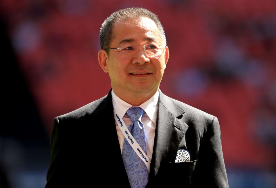 File photo dated 07/08/2016 of Leicester City's chairman Vichai Srivaddhanaprabha on the pitch before the Community Shield match at Wembley Stadium, London. The pilot of the helicopter involved in a crash which killed the owner of Leicester City Football Club said: 
