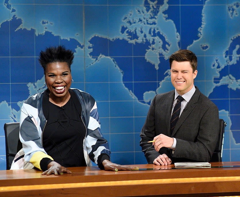 Leslie on Weekend Update talking to Colin Jost