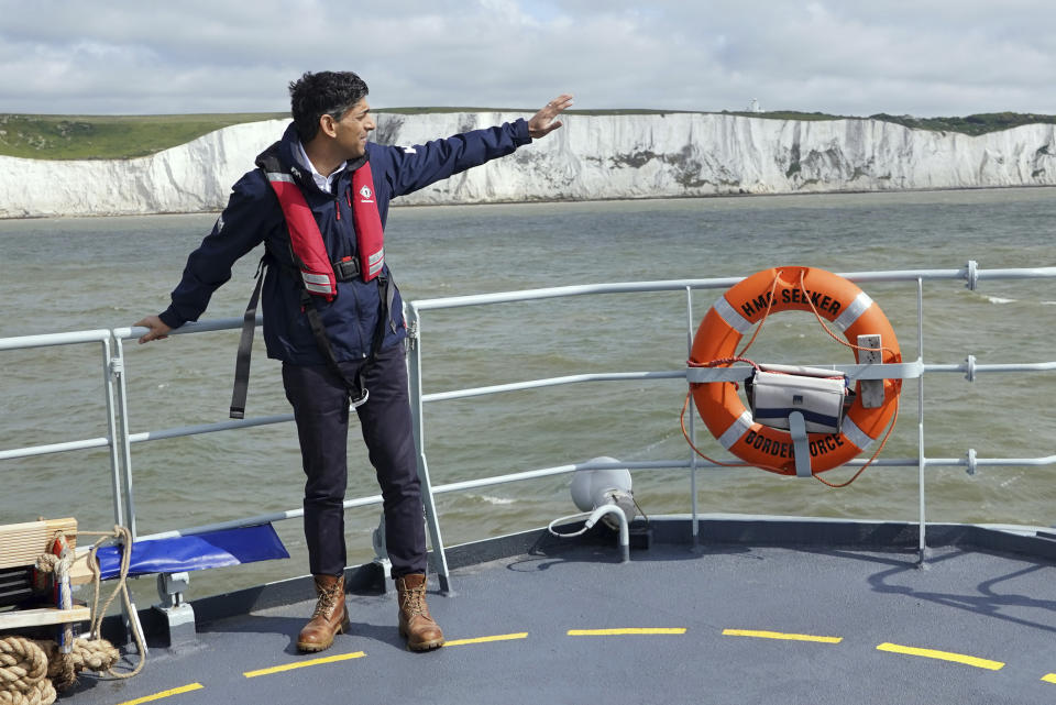 Britain's Prime Minister Rishi Sunak onboard Border Agency cutter HMC Seeker during a visit to Dover, England, Monday, June 5, 2023 ahead of a press conference to update the nation on the progress made in the six months since he introduced the Illegal Migration Bill under his plans to "stop the boats". (Yui Mok/Pool Photo via AP)