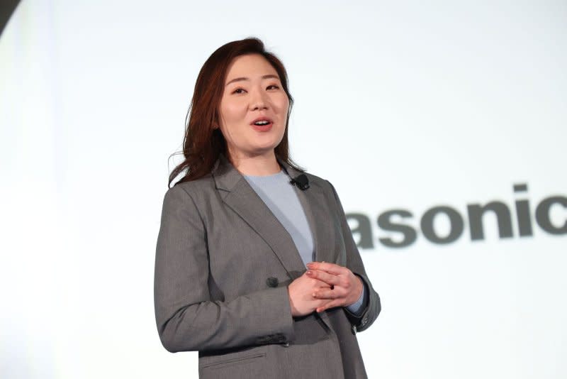 Haruka Kono, Consumer Marketing Division Panasonic Corporation, addresses the media during a press conference at the 2024 International CES at the Mandalay Bay Convention Center in Las Vegas on Monday. Photo by James Atoa/UPI