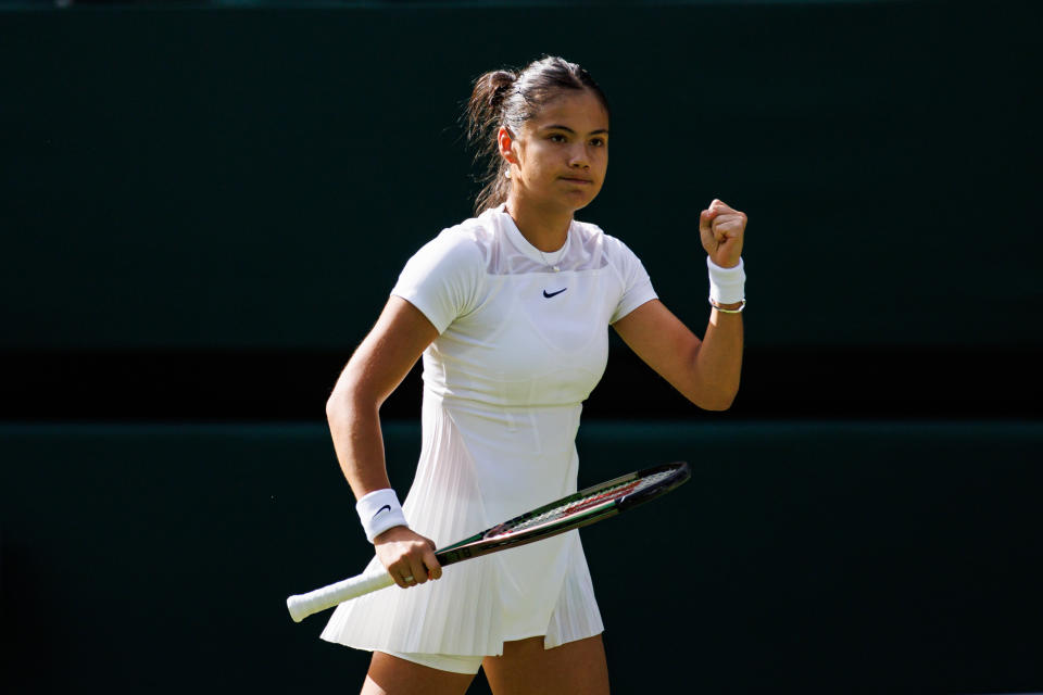 Emma Raducanu, pictured here in action against Alison Van Uytvanck at Wimbledon.