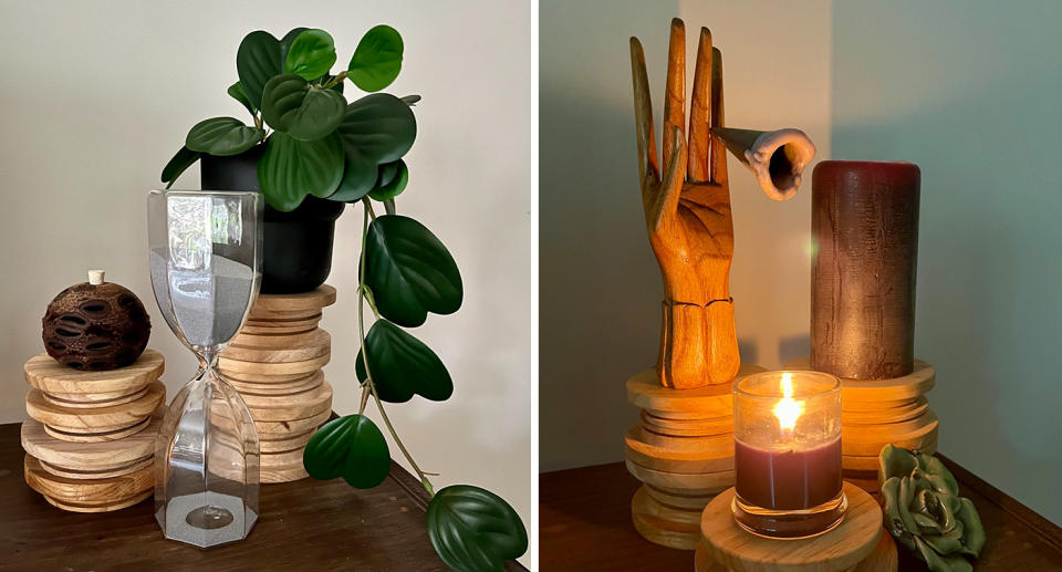 Kmart canister lids repurposed as decor stands