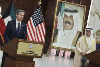 Kuwaiti Foreign Minister Sheikh Ahmad Nasser Al-Mohammad Al-Sabah and U.S. Secretary of State Antony Blinken hold a joint news conference at the Ministry of Foreign Affairs in Kuwait City, Kuwait, Thursday, July 29, 2021. (Jonathan Ernst/Pool via AP)