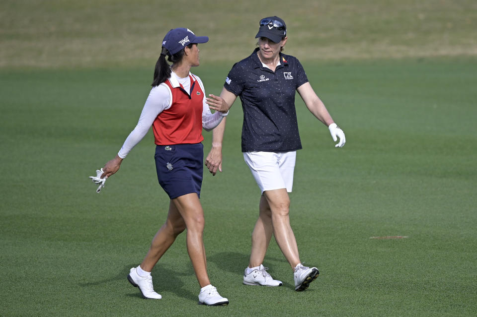 FILE - In this Sunday, Jan. 24, 2021 file photo, Celine Boutier, left, of France, and Annika Sorenstam, of Sweden, chat while walking down the 17th fairway during the final round of the Tournament of Champions LPGA golf tournament in Lake Buena Vista, Fla. Sorenstam will compete on the LPGA this week for the first time since 2008. (AP Photo/Phelan M. Ebenhack, File)