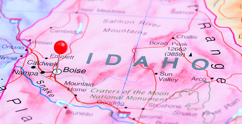 Photo of pinned Boise on a map of USA.
