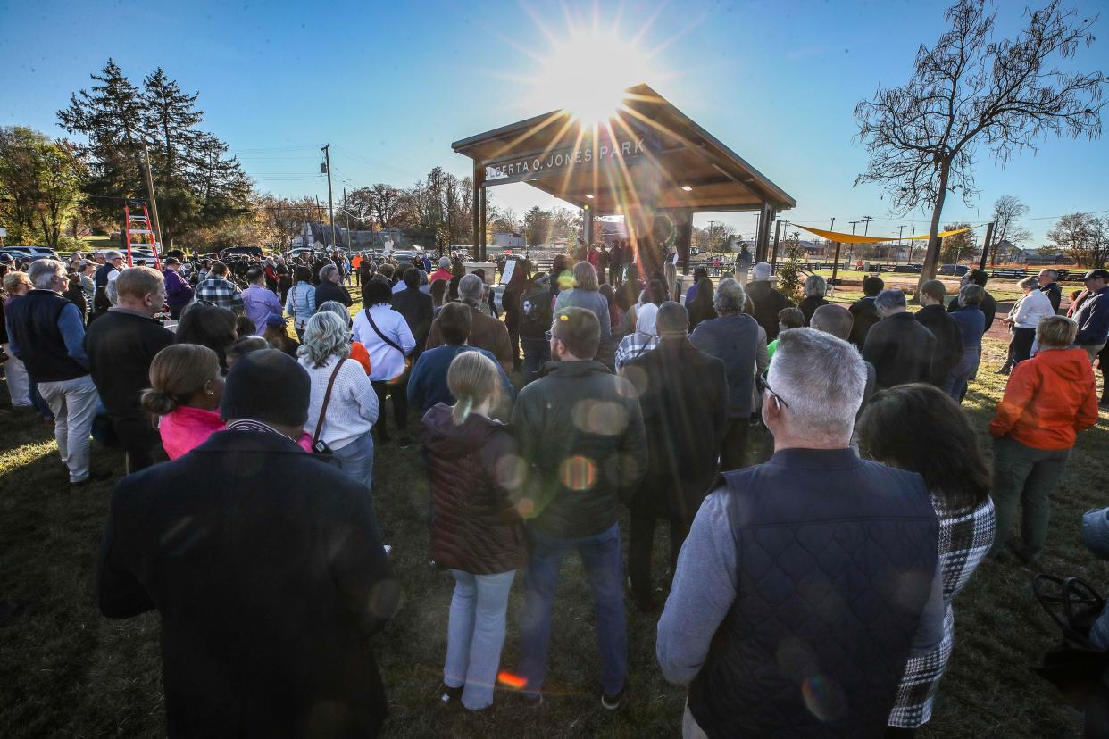 The ribbon-cutting ceremony that marked the official opening of the first phase of Alberta O. Jones Park, a new city park in the California Neighborhood named for a pioneering Louisville attorney and civil rights champion. November 18, 2023