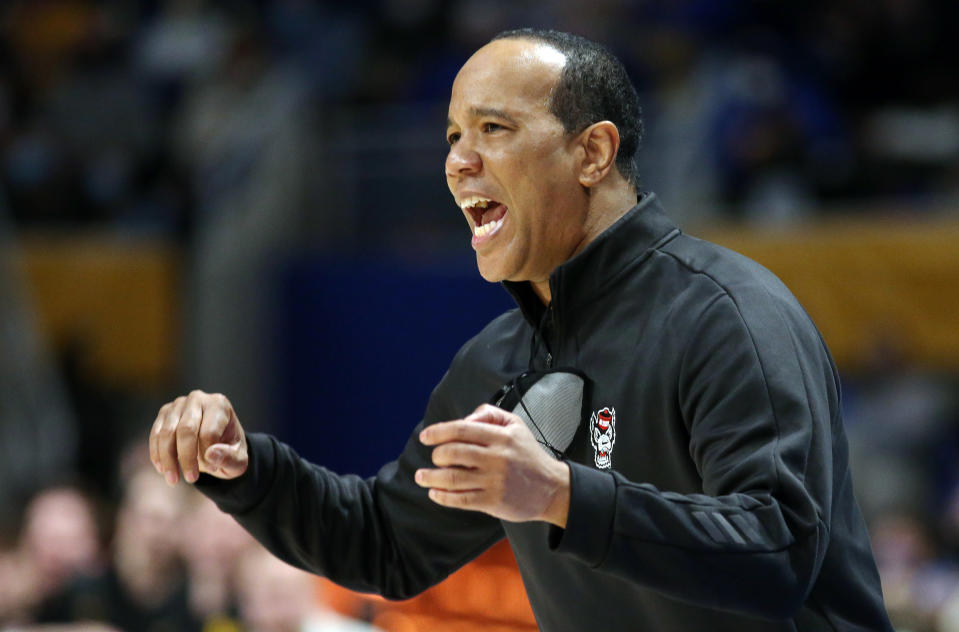 Feb. 12, 2022; Pittsburgh, Pennsylvania, USA; North Carolina State Wolfpack head coach Kevin Keatts reacts on the sidelines against the Pittsburgh Panthers during the second half at the Petersen Events Center. Pittsburgh won 71-69. Charles LeClaire-USA TODAY Sports