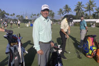 Michael Castillo waits on the putting green at Waialae Country Club in Honolulu, Tuesday, Jan. 10, 2023. Castillo, the head golf pro at Kapalua, qualified for the Sony Open for the first time at age 60 by winning the PGA Aloha Section. The Sony Open is two months after he had radiation treatment for liver cancer. (AP Photo/Doug Ferguson)