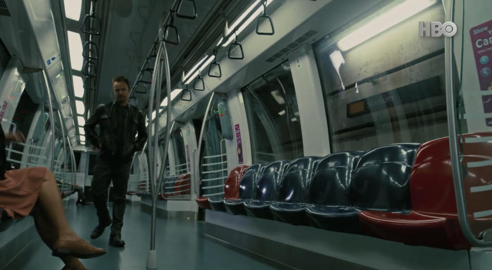 Aaron Paul taking a ride on an MRT train. 