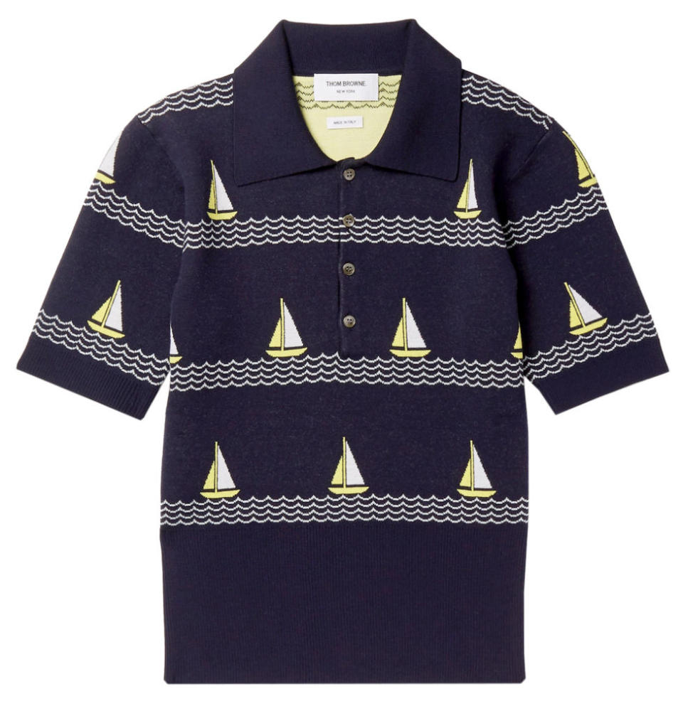 <p><strong>Boat Patterned Knitted Wool Blend Polo</strong></p><p>Nautical, but in a cool way. Pair this polo with bright white sneakers to make the sailboat detailing pop. </p><p><em>$1,040, <a rel="nofollow noopener" href="https://www.mrporter.com/en-us/mens/thom_browne/boat-patterned-knitted-wool-blend-polo-shirt/785070  " target="_blank" data-ylk="slk:mrporter.com;elm:context_link;itc:0;sec:content-canvas" class="link ">mrporter.com</a></em> </p>