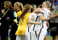 Jun 30, 2015; Montreal, Quebec, CAN; United States defender Julie Johnston (19) celebrates with teammates during the second half of the semifinals of the FIFA 2015 Women's World Cup against Germany at Olympic Stadium. Mandatory Credit: Michael Chow-USA TODAY Sports