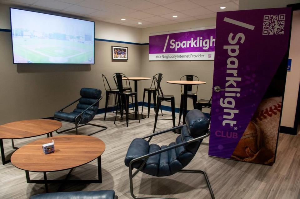 The recently renovated Sparklight Lounge at Shuckers Ballpark, on Friday, May 10, 2024. The lounge is included with tickets in the first few rows behind home plate and includes food.