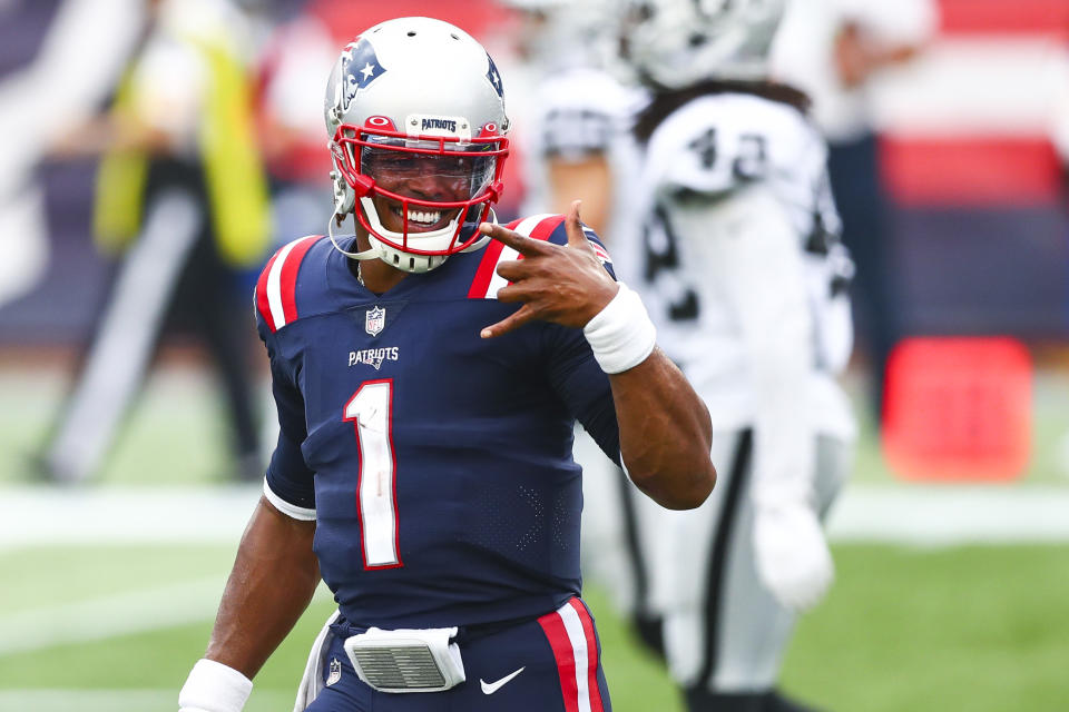 Cam Newton reacts during a game against the Las Vegas Raiders at Gillette Stadium.