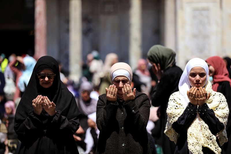 Palestinians pray on the fourth Friday of the holy month of Ramadan on Al-Aqsa compound, also known to Jews as Temple Mount, in Jerusalem's Old City