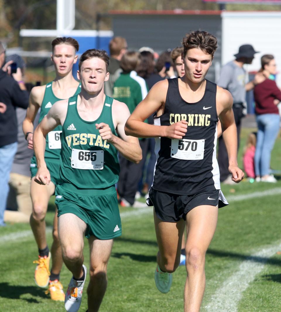 Corning's Ashton Bange, right, and Vestal's Liam Cody finished 1-2 in the boys race at the 2022 STAC Cross Country Championships on Oct. 22, 2022 at Owego Free Academy.