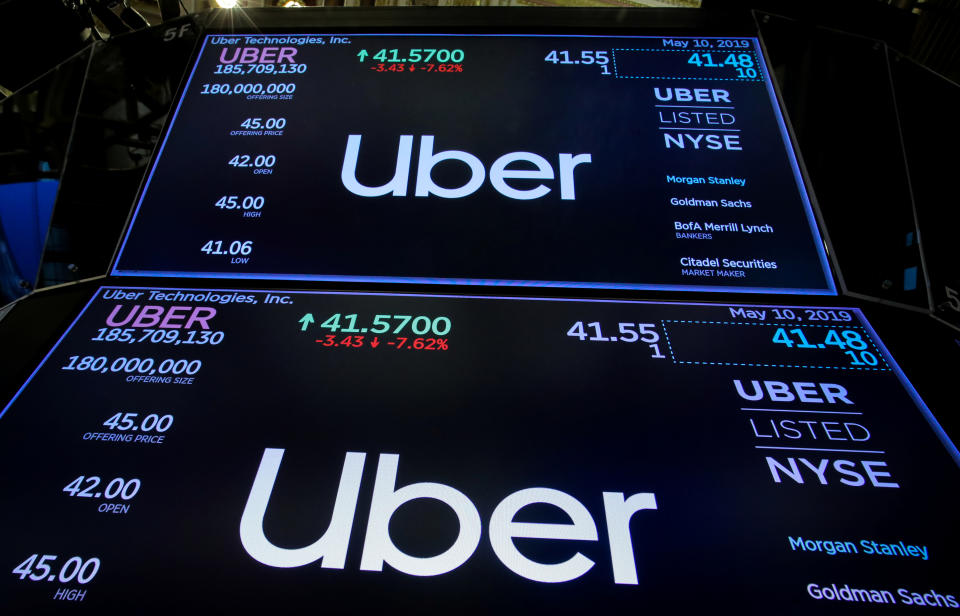 A screen displays the company logo and the trading information for Uber Technologies Inc. after the closing bell on the day of it's IPO at the New York Stock Exchange (NYSE) in New York, U.S., May 10, 2019. REUTERS/Brendan McDermid