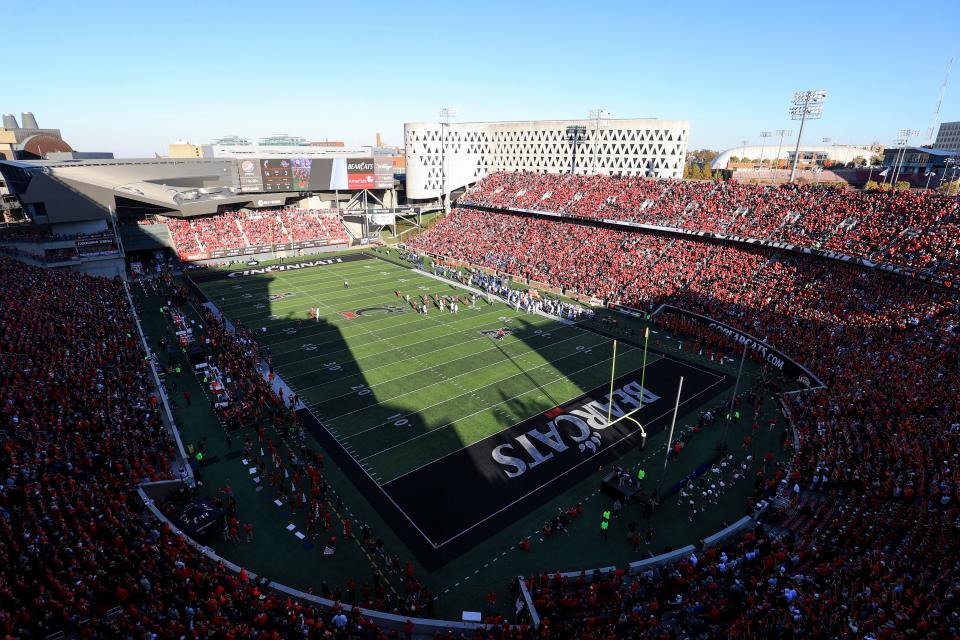 Nov 6, 2021; Cincinnati, Ohio, USA; A view of the field during the game between the Tulsa Golden Hurricane and the Cincinnati Bearcats in the first half at Nippert Stadium. Mandatory Credit: Aaron Doster-USA TODAY Sports