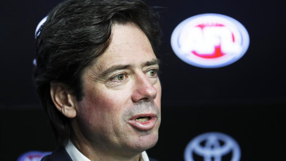 MELBOURNE, AUSTRALIA - MARCH 22: AFL CEO Gillon McLachlan speaks to the media during an AFL press conference at AFL House on March 22, 2020 in Melbourne, Australia. (Photo by Darrian Traynor/Getty Images)