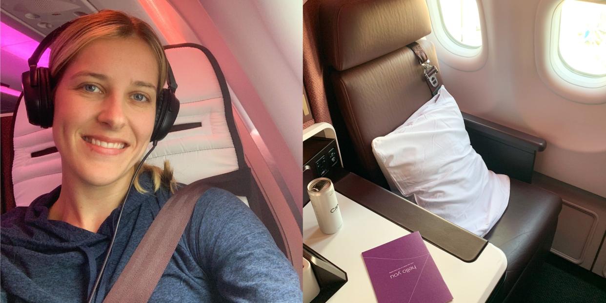 On the left, a woman wearing headphones on a plane. On the right, a business-class seat on a plane with a white pillow, a can of water, and a welcome booklet.