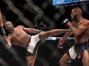 Apr 23, 2016; Las Vegas, NV, USA; Jon Jones (red gloves) competes against Ovince Saint Preux (blue gloves) during UFC 197 at MGM Grand Garden Arena. Mandatory Credit: Joshua Dahl-USA TODAY Sports