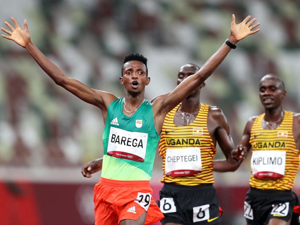 Selemon Barega of Team Ethiopia celebrates as he crosses the finish line (Getty)