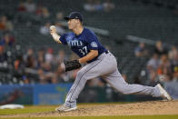 Seattle Mariners relief pitcher Paul Sewald throws against the Detroit Tigers in the ninth inning of a baseball game in Detroit, Wednesday, Aug. 31, 2022. (AP Photo/Paul Sancya)