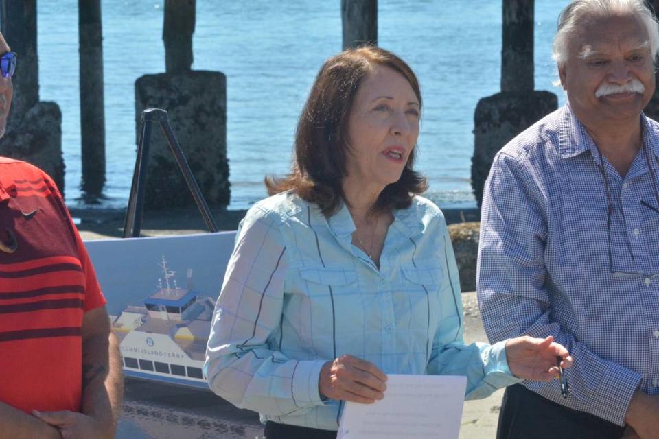 U.S. Sen. Maria Cantwell, D-Washington state, attends a ceremony to mark a $25 million federal grant to help fund a new electric ferry to replace the Whatcom Chief at the Lummi Island ferry dock at Gooseberry Point in Lummi Nation on Aug. 16, 2022. At right is Whatcom County Executive Satpal Sidhu.