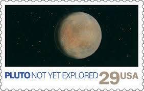 美國郵政署在1991年推行的「九大行星與探測太空船」中，冥王星當時仍「尚未探測」。（美國郵政署）