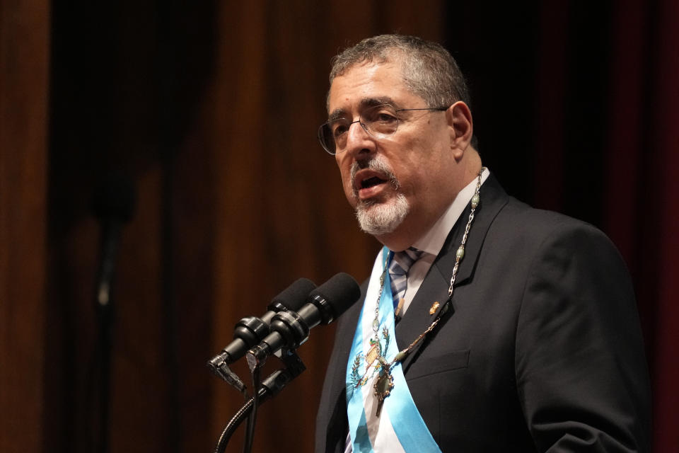 Incoming Guatemalan President Bernardo Arévalo speaks during his inauguration ceremony in Guatemala City, early Monday, Jan. 15, 2024. (AP Photo/Moises Castillo)