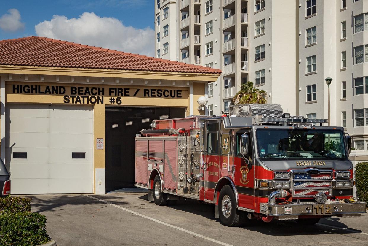 A Delray Beach Fire Rescue truck pulls away from the Highland Beach Fire Rescue Station No. 6 in Highland Beach, Fla., on Tuesday, March 16, 2021.